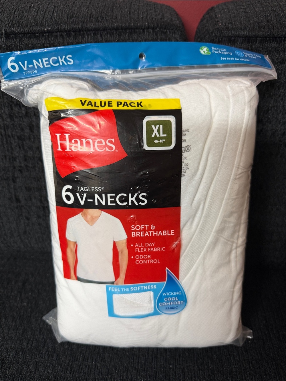 Hanes White 6-Pack Men's V-Neck T-Shirts XL - Value Pack